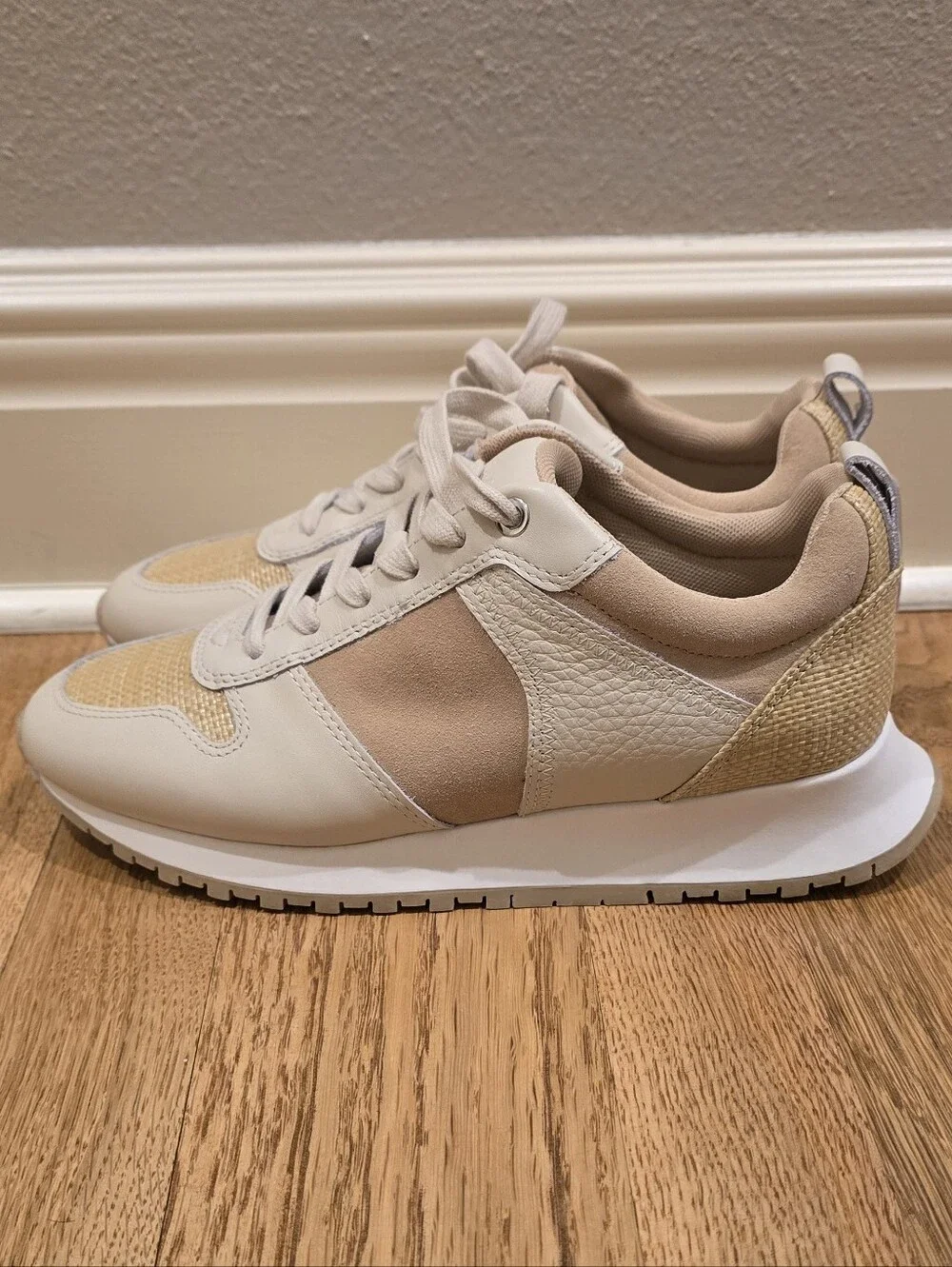 J.McLaughlin Emerson Suede Leather Grasscloth Sneaker Luxury Ivory New Sz 8